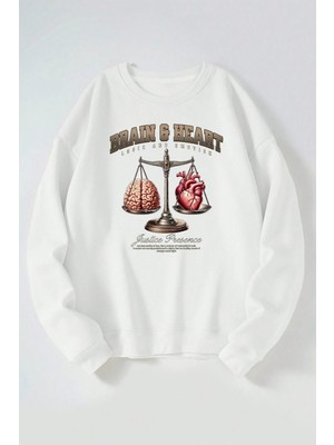 The Wert Braın And Heart Baskılı Kadın/erkek Beyaz Bisiklet Yaka Pamuklu Sweatshirt