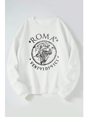 The Wert Roma Veni Vidi Vici Baskılı Kadın/erkek Beyaz Bisiklet Yaka Pamuklu Sweatshirt