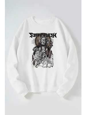 The Wert Şeptı Of Leşh Vnpr Baskılı Kadın/erkek Beyaz Bisiklet Yaka Pamuklu Sweatshirt