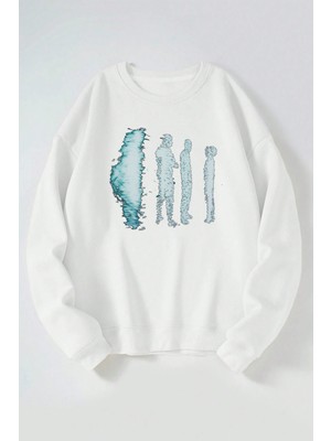 The Wert Adamlar Baskılı Kadın/erkek Beyaz Bisiklet Yaka Pamuklu Sweatshirt