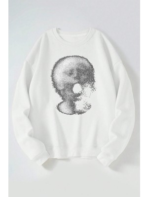 The Wert Bağırma Baskılı Kadın/erkek Beyaz Bisiklet Yaka Pamuklu Sweatshirt