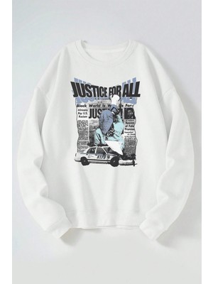 The Wert Justıce For All Baskılı Kadın/erkek Beyaz Bisiklet Yaka Pamuklu Sweatshirt