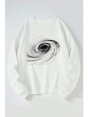 The Wert Kara Delik Baskılı Kadın/erkek Beyaz Bisiklet Yaka Pamuklu Sweatshirt