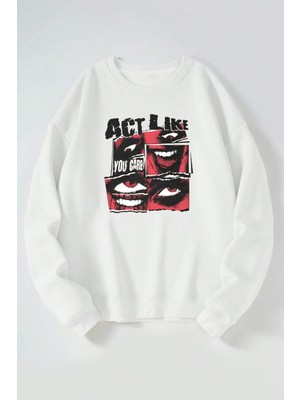 The Wert Act Lıke Baskılı Kadın/erkek Beyaz Bisiklet Yaka Pamuklu Sweatshirt
