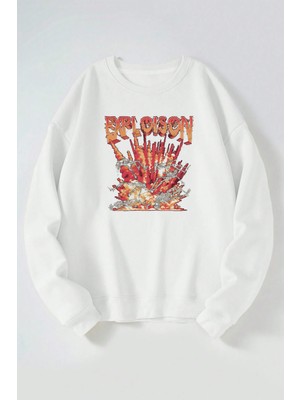 The Wert Exploıson Baskılı Kadın/erkek Beyaz Bisiklet Yaka Pamuklu Sweatshirt