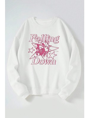The Wert Fallig Down Baskılı Kadın/erkek Beyaz Bisiklet Yaka Pamuklu Sweatshirt