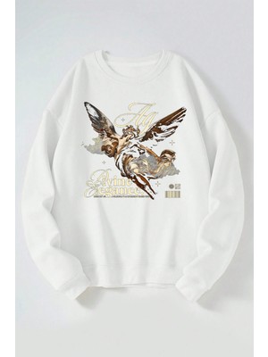 The Wert Divine Elegance Baskılı Kadın/erkek Beyaz Bisiklet Yaka Pamuklu Sweatshirt