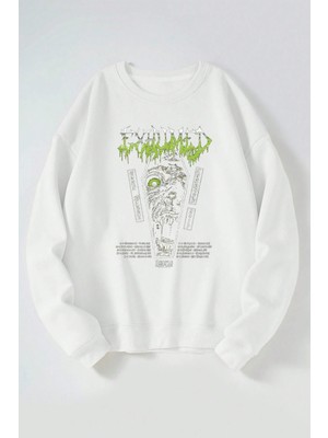The Wert Exhumed Baskılı Kadın/erkek Beyaz Bisiklet Yaka Pamuklu Sweatshirt