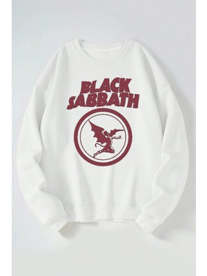 The Wert Black Sabbath Red Baskılı Kadın/erkek Beyaz Bisiklet Yaka Pamuklu Sweatshirt