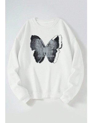 The Wert Kelebek Orıgınal Baskılı Kadın/erkek Beyaz Bisiklet Yaka Pamuklu Sweatshirt