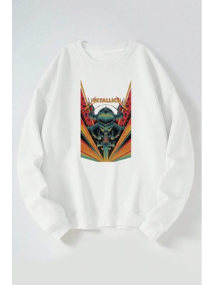 The Wert Metallıca Şovalye Baskılı Kadın/erkek Beyaz Bisiklet Yaka Pamuklu Sweatshirt