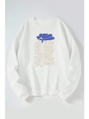 The Wert Open Eyes Baskılı Kadın/erkek Beyaz Bisiklet Yaka Pamuklu Sweatshirt