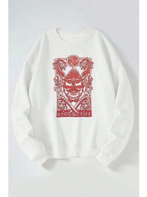 The Wert Red Şeytan Baskılı Kadın/erkek Beyaz Bisiklet Yaka Pamuklu Sweatshirt