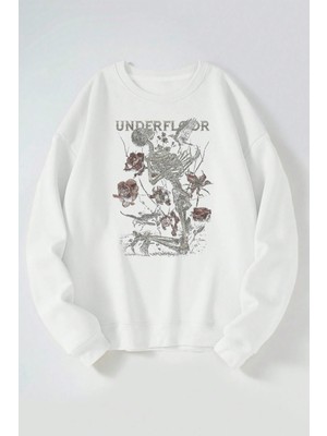 The Wert Underfloor Baskılı Kadın/erkek Beyaz Bisiklet Yaka Pamuklu Sweatshirt