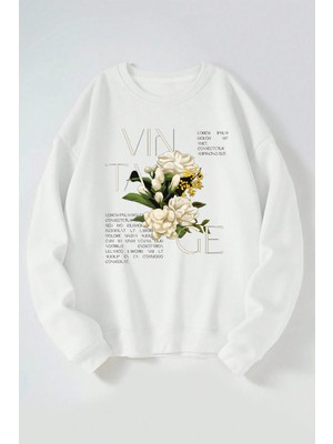 The Wert Vıntage Çiçek Baskılı Kadın/erkek Beyaz Bisiklet Yaka Pamuklu Sweatshirt