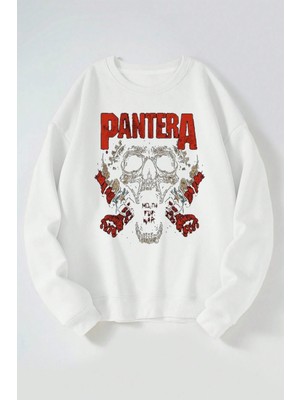 The Wert Pantera Mouth For War Baskılı Kadın/erkek Beyaz Bisiklet Yaka Pamuklu Sweatshirt