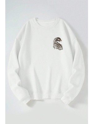 The Wert Şahin Baskılı Kadın/erkek Beyaz Bisiklet Yaka Pamuklu Sweatshirt