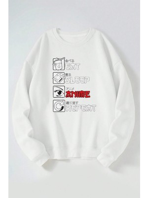 The Wert Eat Sleep Anime Repeat Baskılı Kadın/erkek Beyaz Bisiklet Yaka Pamuklu Sweatshirt