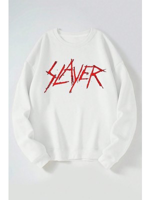 The Wert Slayer Red Yazı Baskılı Kadın/erkek Beyaz Bisiklet Yaka Pamuklu Sweatshirt