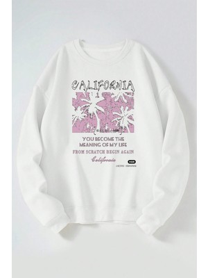 The Wert California Palmiye Baskılı Kadın/erkek Beyaz Bisiklet Yaka Pamuklu Sweatshirt