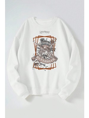 The Wert Death Anachy Destroyer Baskılı Kadın/erkek Beyaz Bisiklet Yaka Pamuklu Sweatshirt