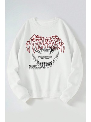 The Wert Berserk Declaratıon Of War Baskılı Kadın/erkek Beyaz Bisiklet Yaka Pamuklu Sweatshirt