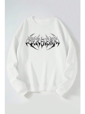 The Wert Berserk Gümüş Yazı Baskılı Kadın/erkek Beyaz Bisiklet Yaka Pamuklu Sweatshirt
