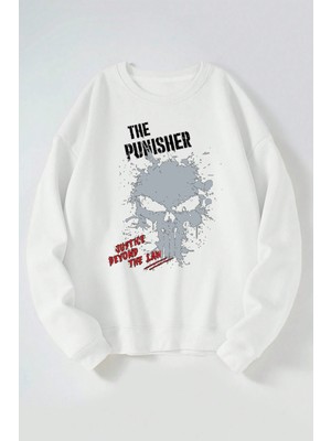 The Wert The Punisher Baskılı Kadın/erkek Beyaz Bisiklet Yaka Pamuklu Sweatshirt