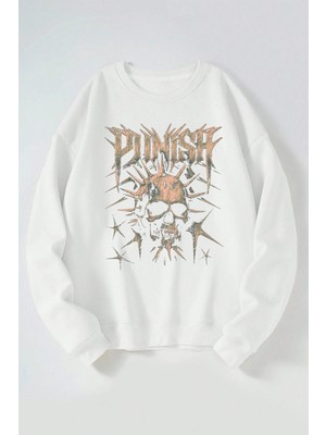 The Wert Punısh Baskılı Kadın/erkek Beyaz Bisiklet Yaka Pamuklu Sweatshirt