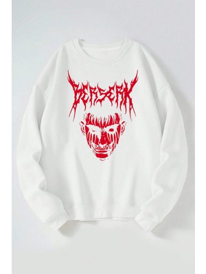 The Wert Berserk Yüz Baskılı Kadın/erkek Beyaz Bisiklet Yaka Pamuklu Sweatshirt
