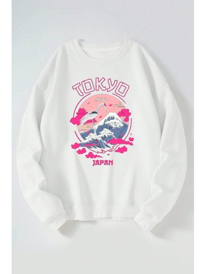 The Wert Tokyo Japon Baskılı Kadın/erkek Beyaz Bisiklet Yaka Pamuklu Sweatshirt