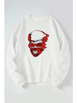 The Wert V Kurukafa Baskılı Kadın/erkek Beyaz Bisiklet Yaka Pamuklu Sweatshirt