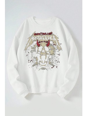 The Wert We Dont Gıve A Shıt Metallıca Baskılı Kadın/erkek Beyaz Bisiklet Yaka Pamuklu Sweatshirt