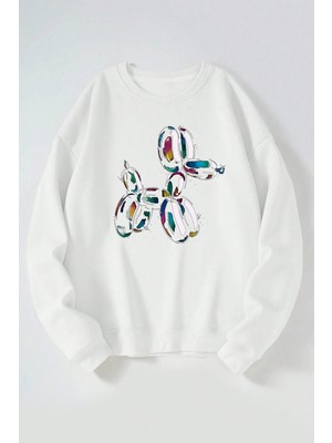 The Wert Balon Köpek Baskılı Kadın/erkek Beyaz Bisiklet Yaka Pamuklu Sweatshirt