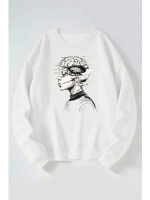 The Wert Beyincik Baskılı Kadın/erkek Beyaz Bisiklet Yaka Pamuklu Sweatshirt