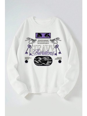 The Wert Heavy Burdens Baskılı Kadın/erkek Beyaz Bisiklet Yaka Pamuklu Sweatshirt