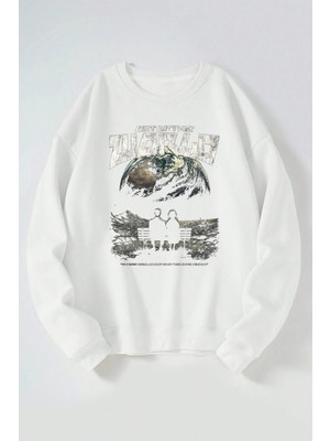 The Wert Out Of This World Baskılı Kadın/erkek Beyaz Bisiklet Yaka Pamuklu Sweatshirt