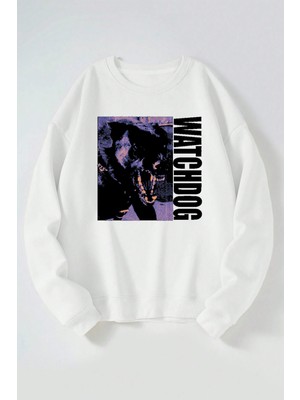 The Wert Watch Dog Baskılı Kadın/erkek Beyaz Bisiklet Yaka Pamuklu Sweatshirt