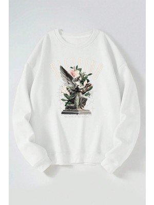 The Wert Blessıng Baskılı Kadın/erkek Beyaz Bisiklet Yaka Pamuklu Sweatshirt