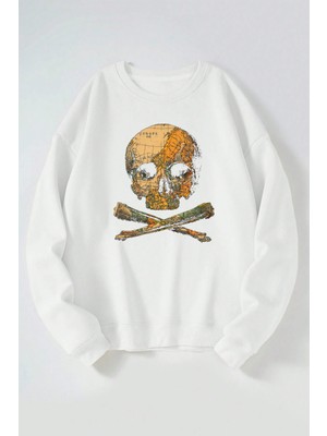 The Wert Harita Kurukafa Baskılı Kadın/erkek Beyaz Bisiklet Yaka Pamuklu Sweatshirt