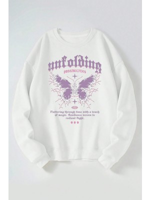 The Wert Unfolding Baskılı Kadın/erkek Beyaz Bisiklet Yaka Pamuklu Sweatshirt