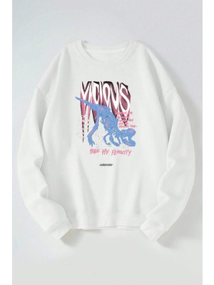 The Wert Vıcıous Baskılı Kadın/erkek Beyaz Bisiklet Yaka Pamuklu Sweatshirt