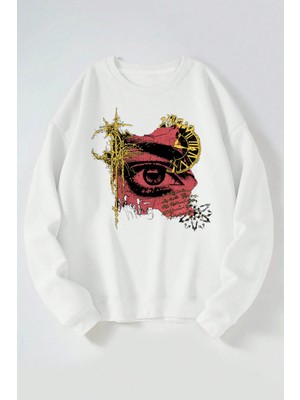 The Wert Nothing Göz Baskılı Kadın/erkek Beyaz Bisiklet Yaka Pamuklu Sweatshirt