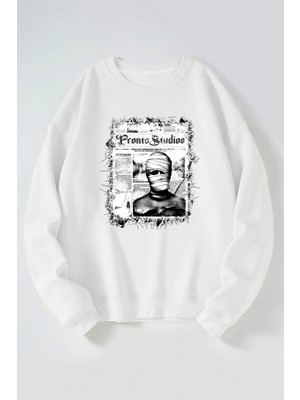 The Wert Pronto Studios Baskılı Kadın/erkek Beyaz Bisiklet Yaka Pamuklu Sweatshirt
