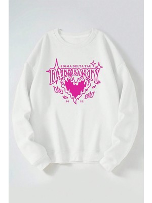The Wert Date Party Baskılı Kadın/erkek Beyaz Bisiklet Yaka Pamuklu Sweatshirt