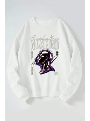 The Wert Everlasting Mankınd Baskılı Kadın/erkek Beyaz Bisiklet Yaka Pamuklu Sweatshirt