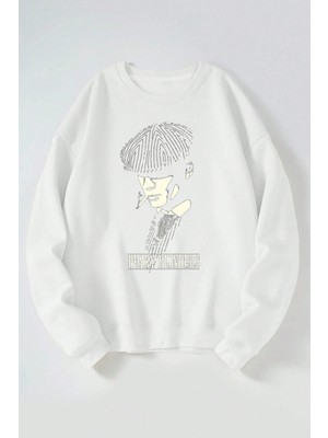 The Wert Peaky Blınders Smoke Baskılı Kadın/erkek Beyaz Bisiklet Yaka Pamuklu Sweatshirt