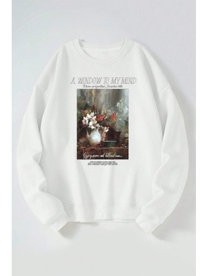 The Wert A Window To My Mind Baskılı Kadın/erkek Beyaz Bisiklet Yaka Pamuklu Sweatshirt