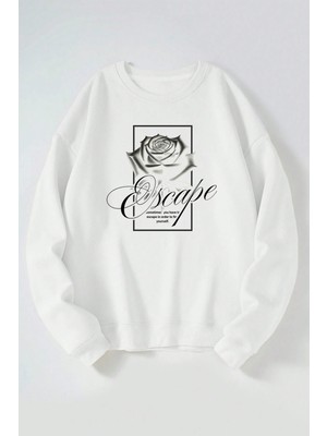 The Wert Escape Gül Baskılı Kadın/erkek Beyaz Bisiklet Yaka Pamuklu Sweatshirt