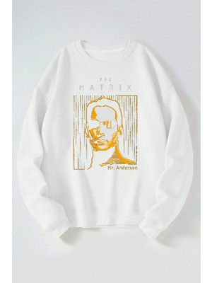 The Wert The Matrıx Mr Anderson Baskılı Kadın/erkek Beyaz Bisiklet Yaka Pamuklu Sweatshirt